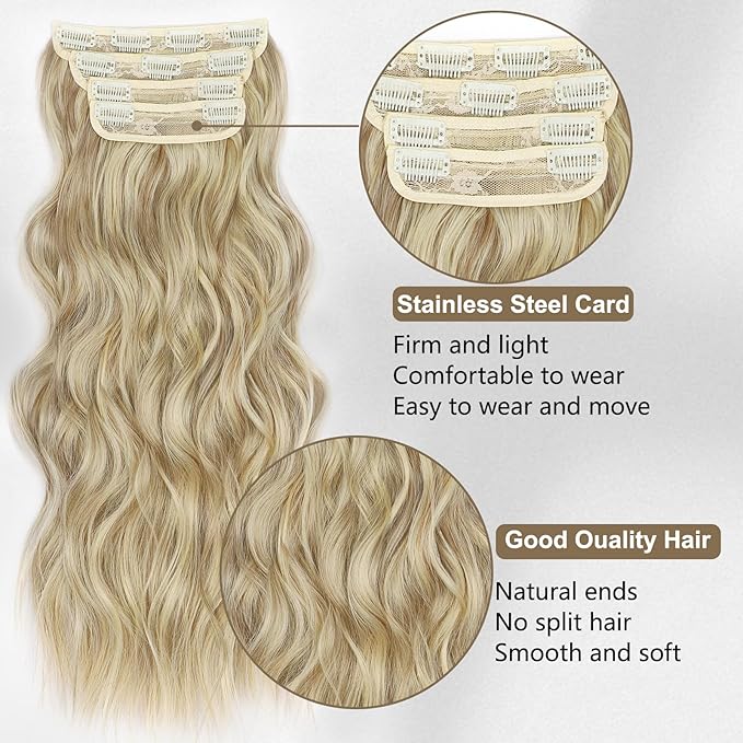 ALXNAN Clip in Long Wavy Synthetic Hair Extension 24 Inch Dirty Blonde 4PCS Thick Hairpieces Fiber Double Weft Hair for Women