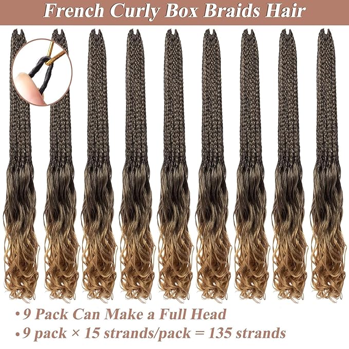 18 Inch French Curl Crochet Braids 9 Packs Ombre Blonde Pre Looped Goddess Box Braids with Curly Ends Synthetic Bouncy Crochet Hair for Women