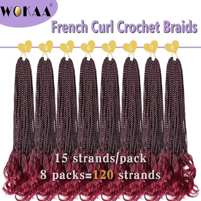 Ombre French Curl Crochet Braids 24 Inch Goddess Box Braids Crochet Hair for Women 8 Packs Burgundy Pre Looped Crochet Box Braid with Curly Ends Synthetic French Curly Braiding Hair Extensions 1B/BUG