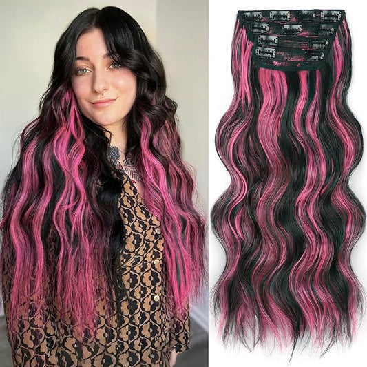 ALXNAN Clip in Long Wavy Synthetic Hair Extension 24 Inch Black Mix Rose Pink Highlights 4PCS Thick Hairpieces Fiber Double Weft Hair for Women