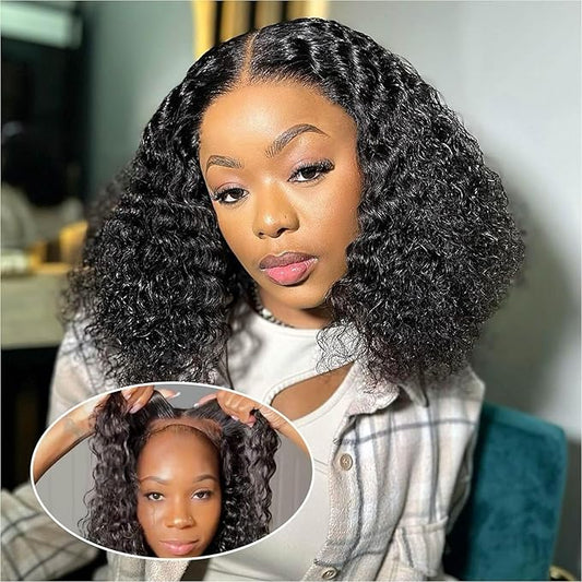 Curly Bob Wig Human Hair Deep Wave 200% Density 5x5 HD Lace Closure Wigs Human Hair Bob Wigs For Black Women Wear And Go Glueless Curly Wig Black Color 12 Inch