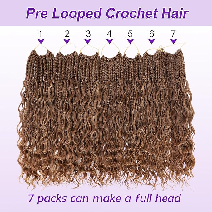 Eacia Goddess Box Braids Crochet Hair 14 Inch 7 Packs Pre Looped Crochet Hair with Curly Ends Short Boho Box Braids for Women(14 Inch, M33/30/27#)