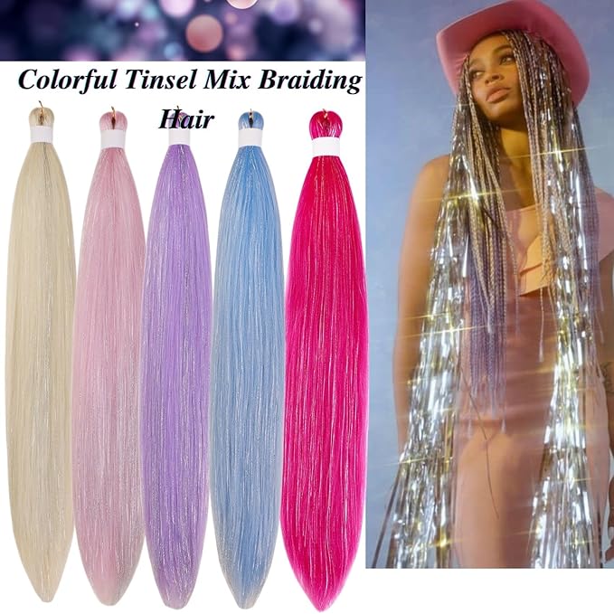 Tinsel Braiding Hair Pre stretched Lavender Purple Braiding Hair for Glitter Braids Festival Braids Cosplay