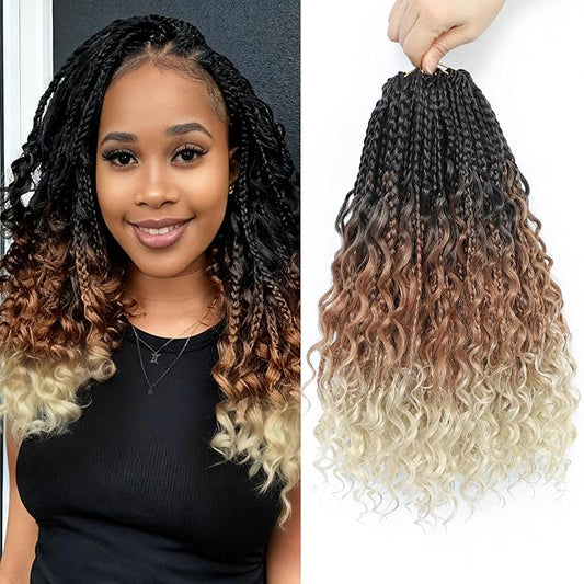 14Inch Crochet Box Braids Hair -8 Packs Goddess Box Braids Crochet Hair Bohemian Curly Crochet Hair Pre-looped Crochet Hair for Black Wome (14(8Packs), 1B/30/613)