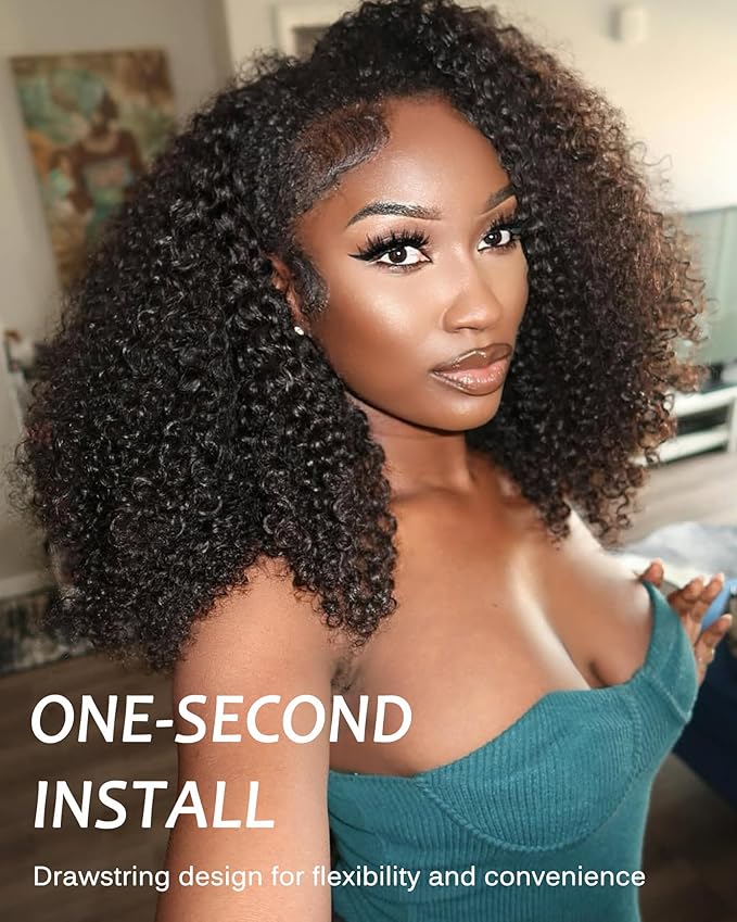 Kinky Curly Half Wig Human Hair - 200% Density, 18 Inch, Glueless Wear & Go, 3 in 1, Flip Over, Headband, Drawstring Wig, Natural Look, Beginner Friendly (Natural Black, 18 Inch, Kinky Curly)