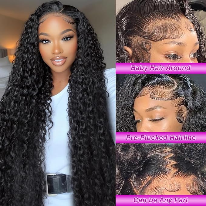 Deep Wave Lace Front Wigs Human Hair 13x6 HD Transparent Lace Front Wigs Human Hair 200% Density Deep Curly Human Hair Wig Pre Plucked Deep Wave Frontal Wigs Natural Color 28 Inch