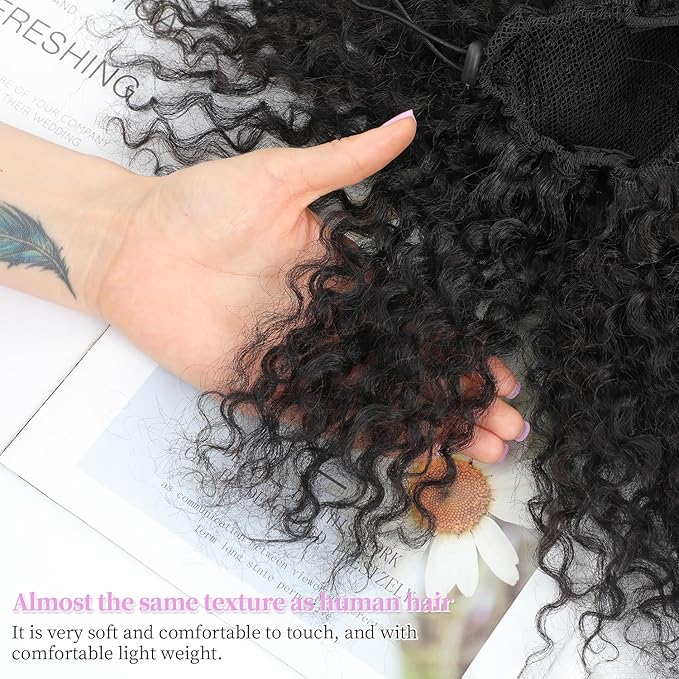 Drawstring Curly Ponytail Extensions for Black Women Protein Silk Fiber Human Hair Soft Feeling Afro Kinky Curly Hair Puff Pony tails Lightweight, Soft Natural Budget-Friendly for Daily Styles
