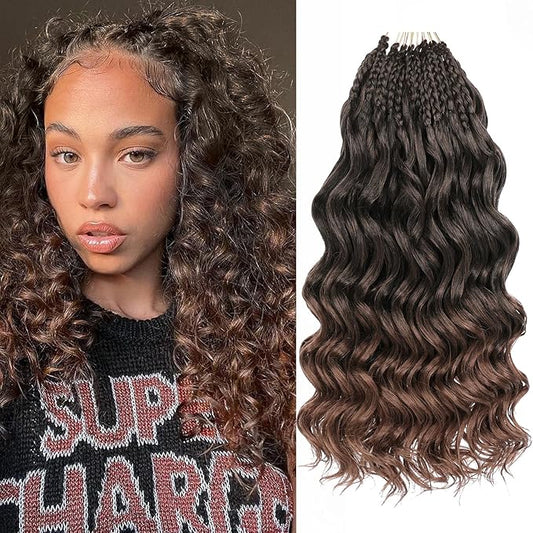 Leeven 14 Inch 8 Packs Boho Ocean Wave Crochet Hair Pre Looped Ombre Brown Curly Crochet Hair Short Ocean Braids Pre Twisted Synthetic Deep Wavy Crochet Hair for Women
