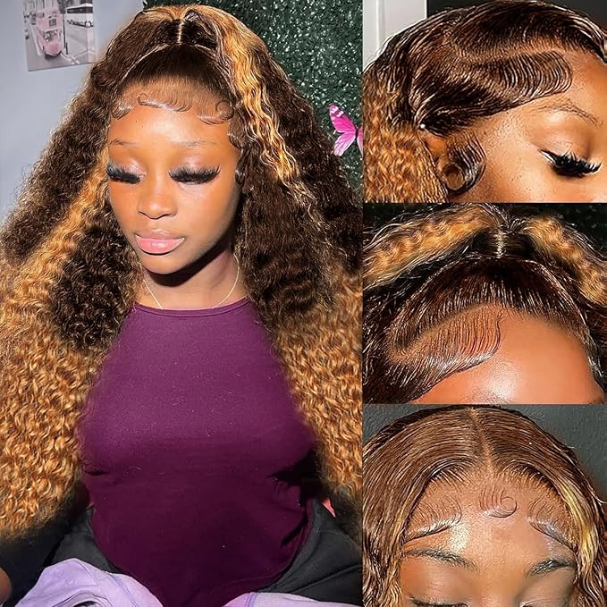 MEGOOD 250% Density 13x6 Highlight Ombre Lace Front Wig Human Hair 13x6 HD Honey Blonde 4/27 Curly Wig Human Hair Pre Plucked Deep Wave Lace Front Wigs Human Hair Colored Wigs 18Inch
