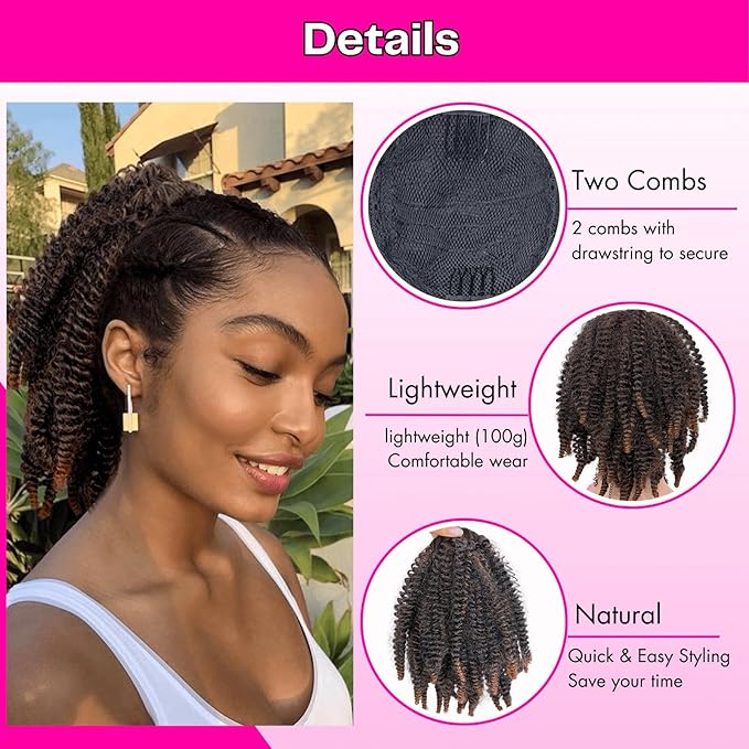 Short Marley Hair Drawstring Ponytail Ombre Brown 4C Afro Puff Bun Braiding Ponytail Hair with Clips Synthetic Afro Kinky Curl Pony Tail Hairpiece for Black Women - T30#, 12"