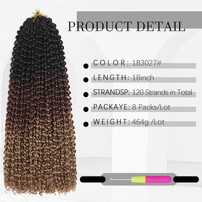 Passion Twist Hair 18 Inch 8 Packs Water Wave Crochet Hair Bohemian Braiding Hair for Boho Locs Pre Looped Crochet Braids Hair for Black Women （1B/30/27#）
