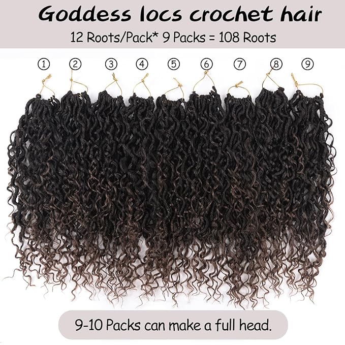Goddess Locs Crochet Hair,Vemet 16 Inch 9 Packs Synthetic Faux Locs Crochet Hair for Black Women,River Locs Hair Extensions Boho Style Pre looped Faux Locs with Curly Ends