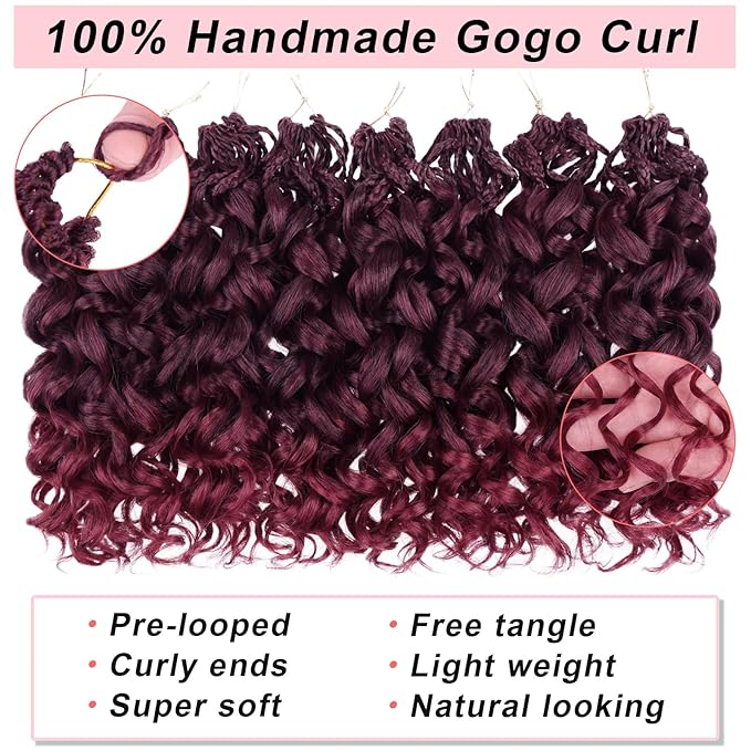 XTREND 8 Packs Gogo Curly Crochet Hair 10 Inch Pre Looped Ocean Wave Burgundy Deep Twist Short Curly Bohemian Box Braids Synthetic Water Wave Crochet Hair for Women (16Strands/pack TBUG#)