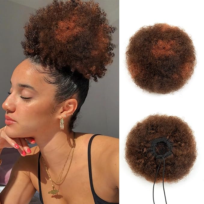 Real Human Hair Afro Puff Ponytail for Black Women Short Kinky Curly Ponytail Extension Feipro Cheer Drawstring Ponytail 4c Cheer African American Natural Fake Bun Medium Brown Mix Copper Red 6inch40g