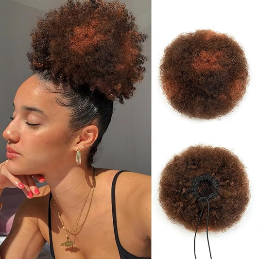 Real Human Hair Afro Puff Ponytail for Black Women Short Kinky Curly Ponytail Extension Feipro Cheer Drawstring Ponytail 4c Cheer African American Natural Fake Bun Medium Brown Mix Copper Red 6inch40g
