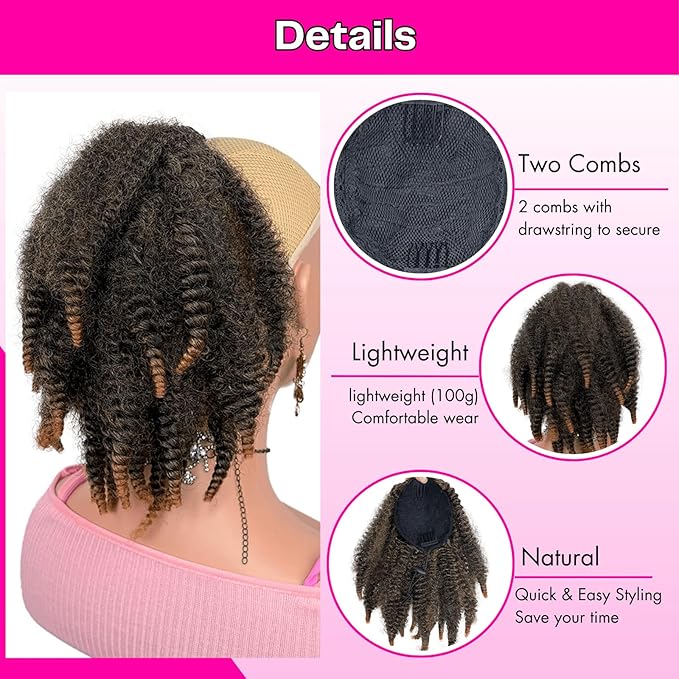 Short Marley Hair Drawstring Ponytail - Ombre Light Brown 4C Afro Puff Bun Ponytail Synthetic Braiding Hair Afro Kinky Curl Pony Tail Hairpiece for Black Women - T27# Ombre Brown, 12"