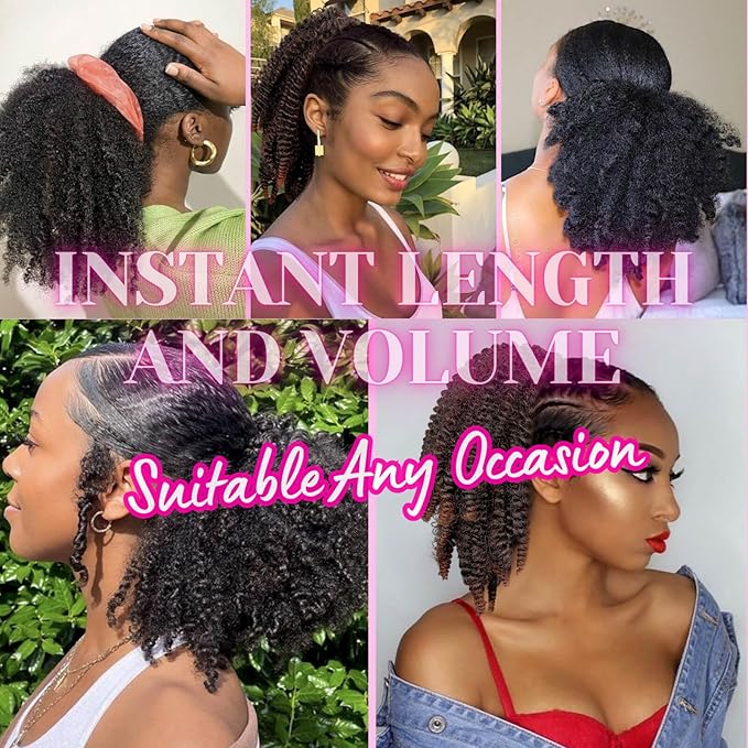 Short Marley Hair Drawstring Ponytail Ombre Brown 4C Afro Puff Bun Braiding Ponytail Hair with Clips Synthetic Afro Kinky Curl Pony Tail Hairpiece for Black Women - T30#, 12"