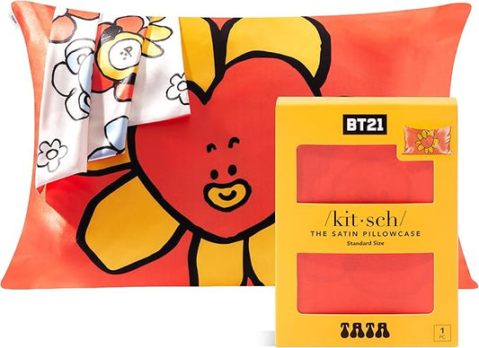 Kitsch x BT21 Satin Pillowcase with Zipper – Better Than Silk Pillowcase, Tata Character & Funky Floral Print – Soft Cooling Toddler Bed Time Pillow Case for Hair & Skin – Queen/Standard 19x26