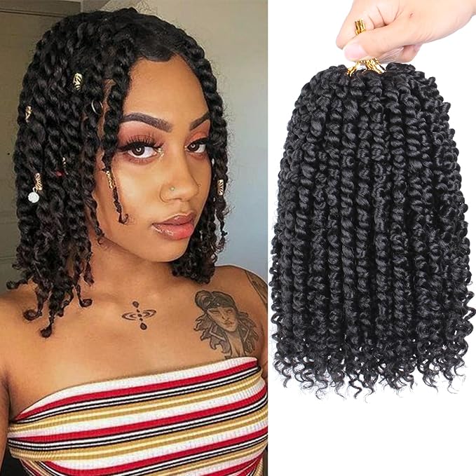 Xtrend 8 Packs Pre-twisted Passion Twist Crochet Hair 8 Inch Natural Black Pre-looped Crochet Braids Hair For Women Bohemian Synthetic Passion Braiding Hair Extension (8packs, 1B#)