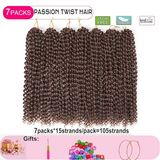 Brown Passion Twist Hair,14 Inch 7 Packs Water Wave Crochet Hair Passion Twist Braiding Hair For Wrap Passion Twist Crochet Hair/Butterfly Locs/Spring Twist Crochet Hair Braids (14in,7pcs,30#)