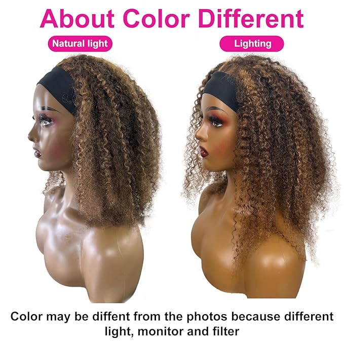 Ombre Highlight Headband Wig Human Hair #4/27 Colored Kinky Curly Headband Wig for Black Women Glueless None Lace Front Human Hair Wigs Brazilian Virgin Hair Wear and Go Wigs 150% Density 12 Inch