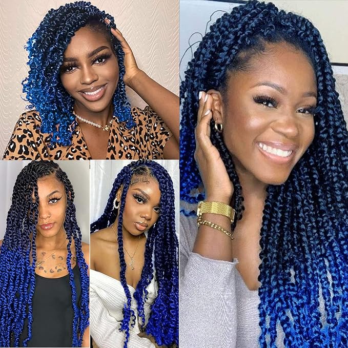 18 Inch Passion Twist Hair, Ombre Blue Water Wave Crochet Hair for Women Passion Twists Braiding Hair Long Bohemian Synthetic Curly Braiding Hair Extensions Passion Twist Crochet Hair(7pcs,1B/Blue)