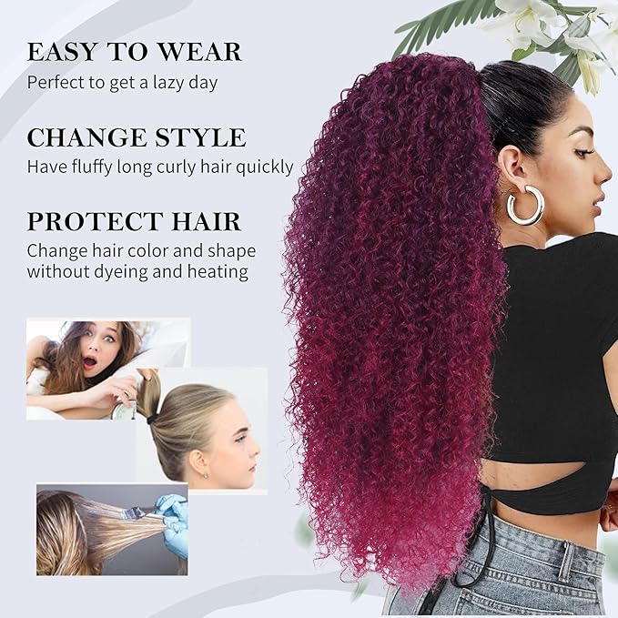 27 Inch Drawstring Ponytail Extension for Black Women Deep Curly Ponytail Extension Synthetic Mixed with Human Hair Hairpieces Afro Kinky Curly Pony Tail for Daily Use (Purple Mixed Red)