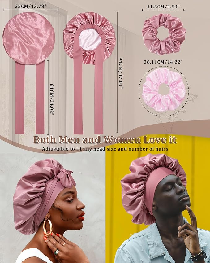 Reversible Satin Bonnet for Sleeping Women Double Layer Hair Bonnet with 2PCS Hair Scrunchies Elastic Tie Band Night Cap