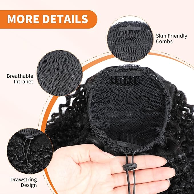 Afro Kinky Curly Ponytail Human Hair 150% Density Brazilian Virgin Hair 4C Afro Puff Drawstring Ponytail Extension for Black Women Natural Color 16 Inch