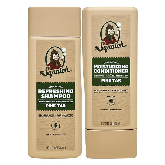 Dr. Squatch Natural Hair Bundle for Men - Healthy, Full Looking Hair - Pine Tar Shampoo (8 fl oz), Pine Tar Conditioner (11.5 fl oz)