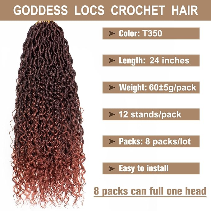 COOKOO Ombre Ginger Goddess Locs Crochet Hair 24 Inch 8 Packs Boho Faux Locs Crochet Hair with Curls Pre Looped River Locs Crochet Hair for Black Women Bohemian Locs Braids Hair Extensions T350#