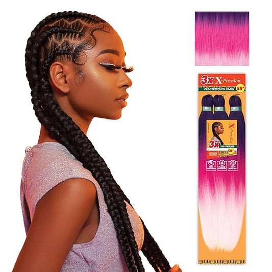 Sensationnel X-pression prestretched braiding hair - 3x braid 58 inch all kanekalon flame retardant synthetic braid for box braids and twists (3 pack, 3TPURPLE/PINK/LPINK)