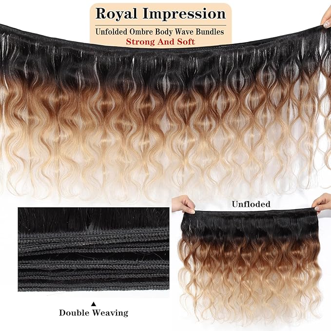 12A Grade Ombre Body Wave Bundles Human Hair (T1B/30/27,20" 22" 24" 26") Brazilian Ombre Brown Body Wave Human Hair 4 Bundles 100% Real Unprocessed Virgin Remy Hair Quick Weave