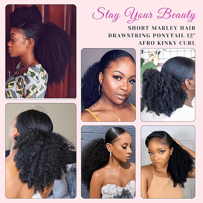 12inch Short Marley Hair Drawstring Ponytail Brown Black 4C Afro Puff Bun Braiding Hair Ponytail Synthetic Afro Kinky Curl Pony Tail Hair Piece for Black Women - 2#