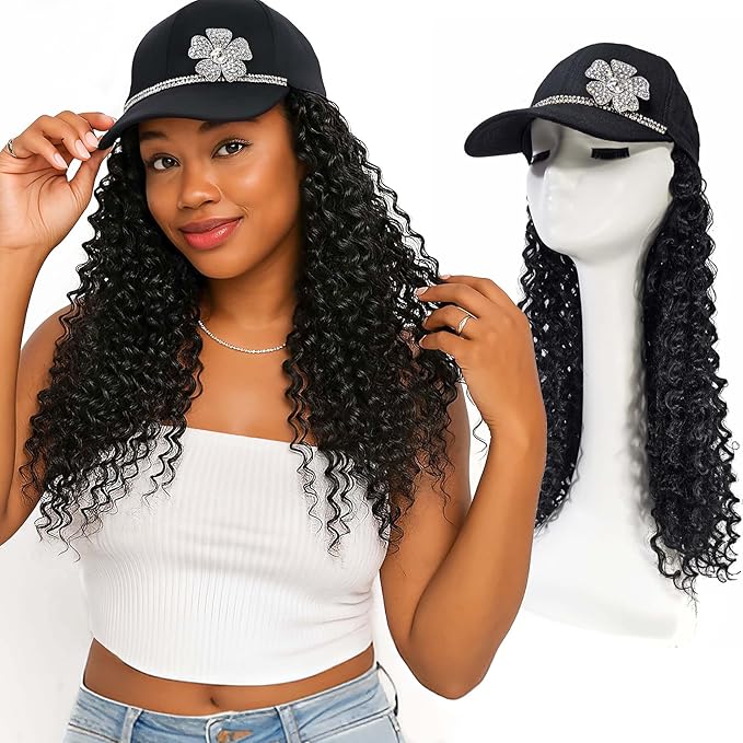 Hat Wig 16-Inch Gogo Curl Crochet Hair Extensions, Black Deep Wave Afro Curly Wigs for Black Women