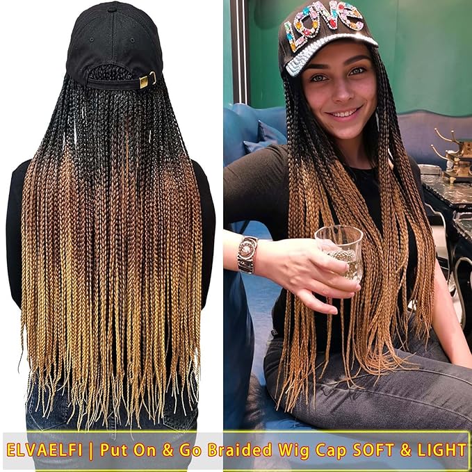 24" Box Braid Hair Extensions 100 Strands Gradient Brown, Rhinestone 'LOVE' Cap Wig for Women Girls Easy Style
