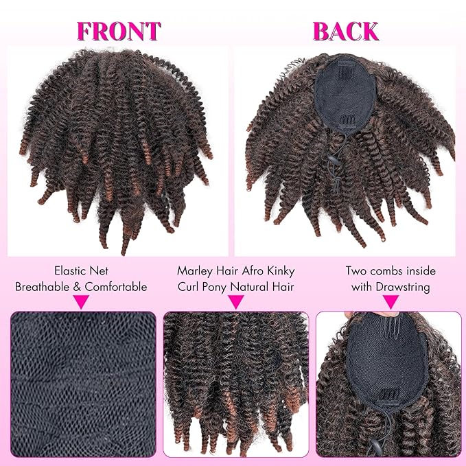 Short Marley Hair Drawstring Ponytail Ombre Brown 4C Afro Puff Bun Braiding Ponytail Hair with Clips Synthetic Afro Kinky Curl Pony Tail Hairpiece for Black Women - T30#, 12"