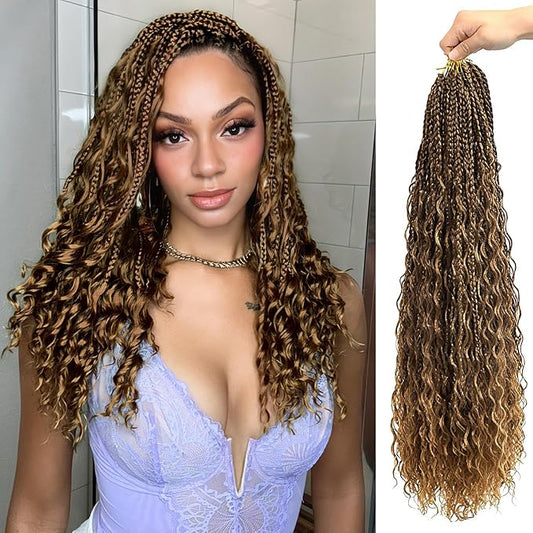 Eacia Goddess Box Braids Crochet Hair 24 Inch 7 Packs Boho Box Crochet Hair with Curly Ends Pre Looped Braids for Women(24 Inch, M33/30/27#)