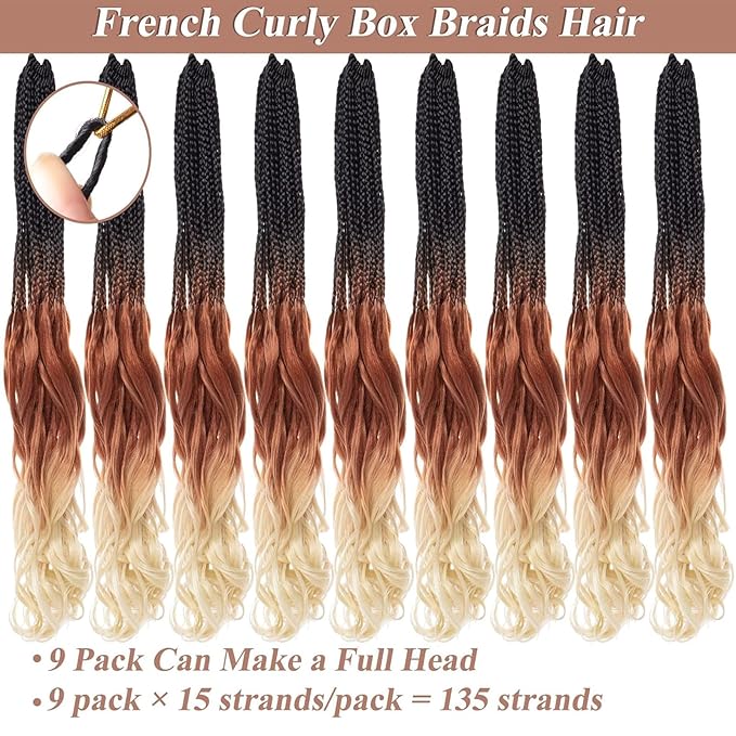 18 Inch French Curl Crochet Braids 9 Packs Ombre Brown Blonde Bohemian Goddess Box Braids with Curly Ends Synthetic Loose Wave Bouncy Braiding Hair for Women