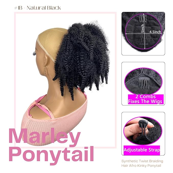 Short Marley Hair Drawstring Ponytail Black 4C Afro Puff Bun Braiding Ponytail Hair with Clips Synthetic Afro Kinky Curl Pony Tail Hairpiece for Black Women - Natural Black 12"