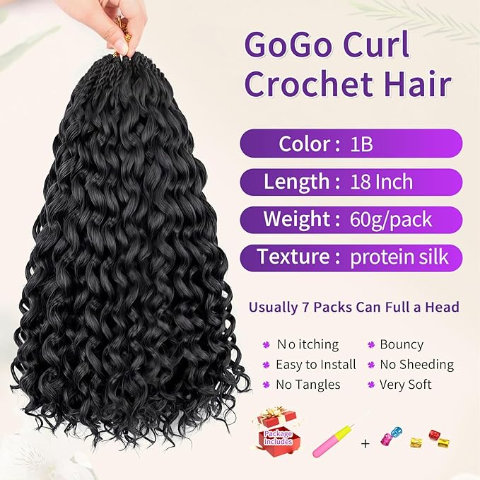 Gogo Curl Crochet Hair Protein Fiber Close to Human Hair 18 Inch 7 Packs Pre looped Water Wave Crochet Hair Deep Twist Synthetic Braiding Hair for Women (1B, 18Inch)