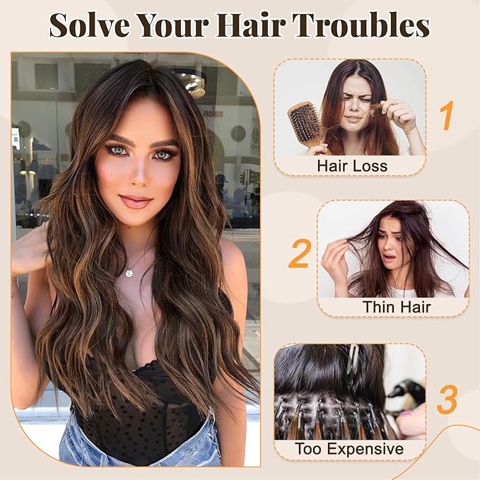 ALXNAN Clip in Long Wavy Synthetic Hair Extension 24 Inch Brown with Caramel Highlights 4PCS Thick Hairpieces Fiber Double Weft Hair for Women