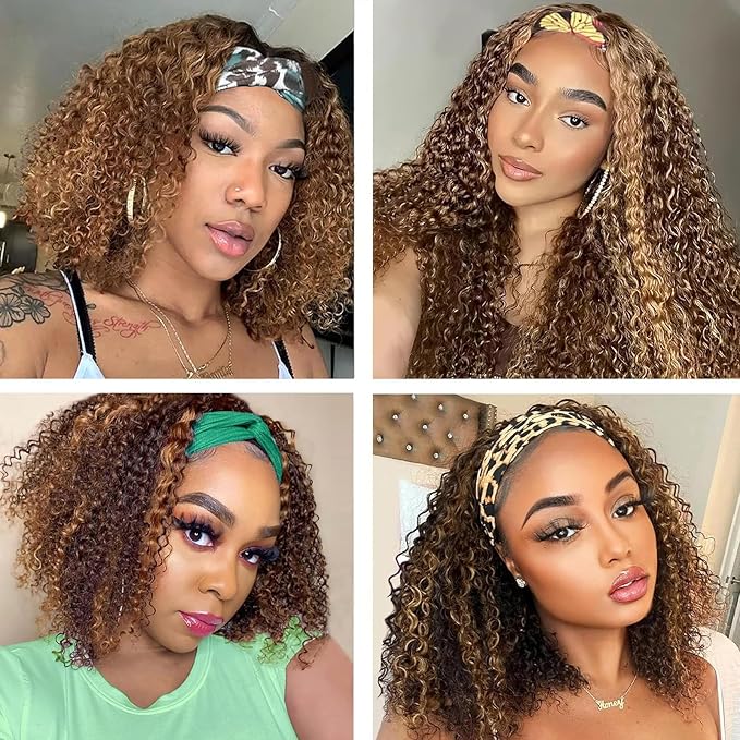 Highlight Ombre Kinky Curly Headband Wigs Curly Headband Wig Human Hair for Black Women 150% Density Headband Wig Human Hair 4/27 Glueless None Lace Front Wigs Headband Half Wigs Natural Color 20 Inch