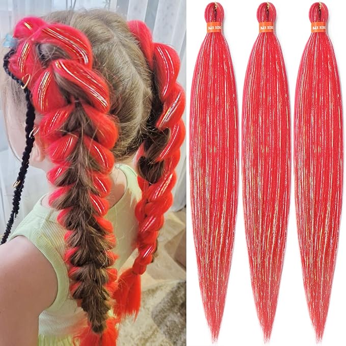 Sparkling Red Pre Stretched Braiding Hair 30 Inch Glitter Box Braid Hair Extensions Shinny 3 Packs Yaki Texture Pre Feathered Festival Braids Hair