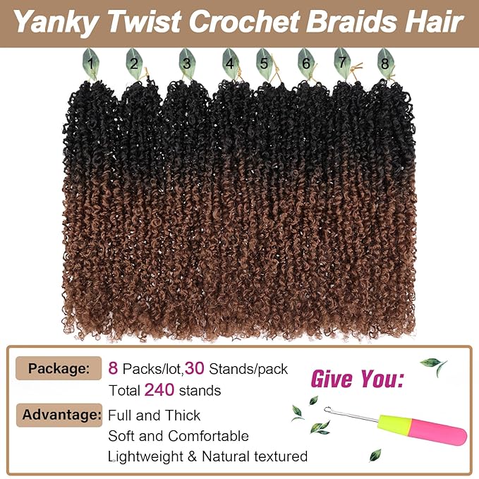 COOKOO Yanky Twist Crochet Hair 18 Inch 8 Packs (30 Strands/Pcs) Short Bob Spring Mini Twist Fluffy Passion Twist Ombre Brown Pre-Looped Crochet Braids Synthetic Hair 1B/30#