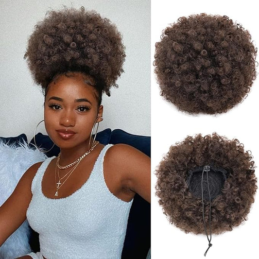 AISI QUEENS Afro Puff Drawstring Ponytail for Black Women, Large Size Kinky Curly Afro Ponytail Synthetic Hair Puffs, Deep Brown Afro Bun Drawstring Ponytail for Women Girls(2-33#)