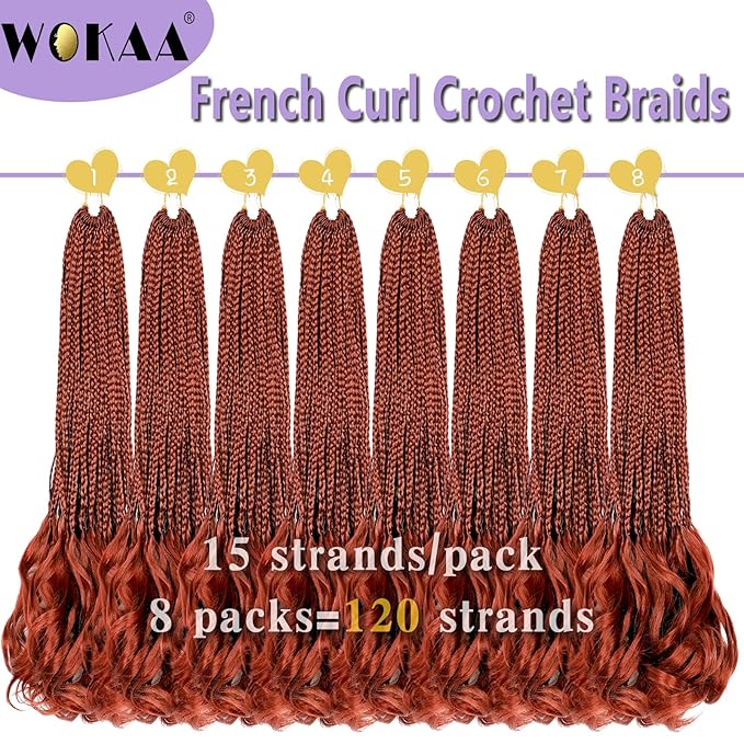 French Curl Crochet Braids 24 Inch 8 Packs Goddess Box Braids Crochet Hair for Women Ginger Pre Looped Crochet Box Braid with Curly Ends Synthetic French Curly Braiding Hair Extensions (350#)