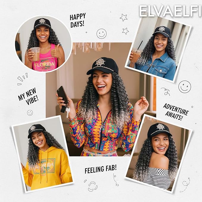 Hat with Gogo Curl Crochet Hair, 16-Inch Synthetic Long Grey Wig for Women, Ombre Gray Baseball Cap Wig