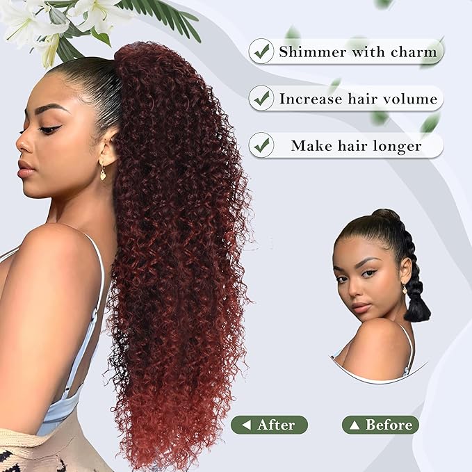 27 Inch Drawstring Ponytail Extension for Black Women Deep Curly Ponytail Extension Synthetic Mixed with Human Hair Hairpieces Afro Kinky Curly Pony Tail for Daily Use (Light Brown)