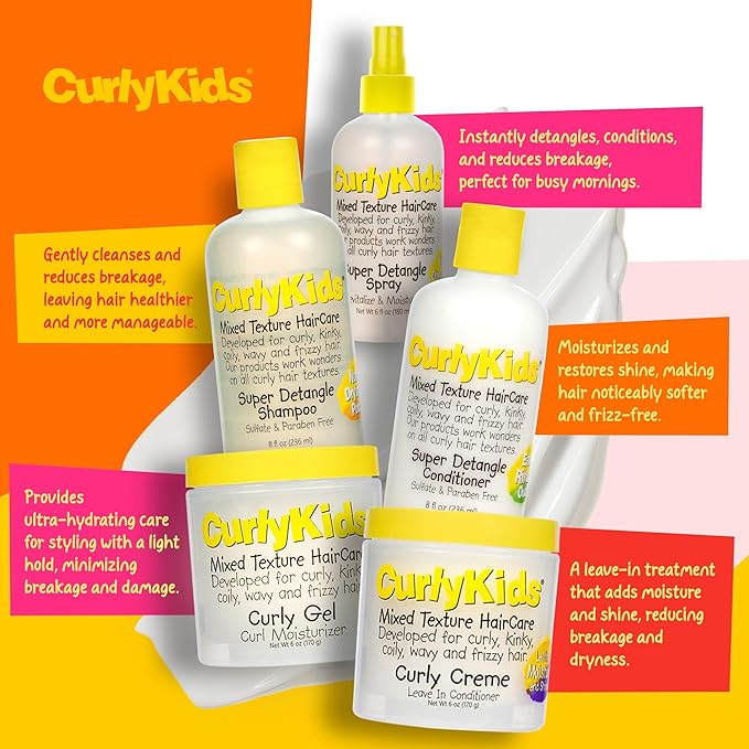 CurlyKids Super Detangle Spray Bundle with Hair Detangler Spray, Kids Shampoo, Conditioner, Gel & Creme for Curly, Frizzy, & Wavy Hair | Sulfate & Paraben-Free Formula to Detangle